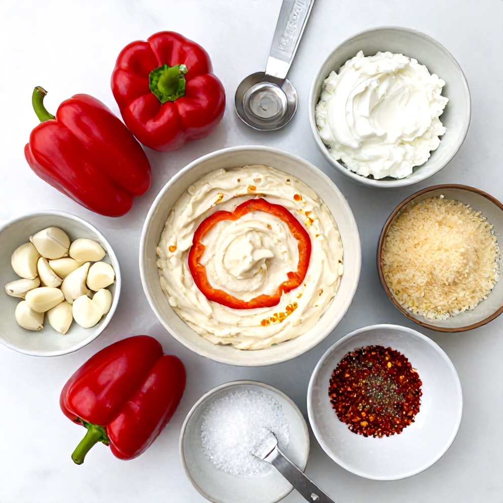 Overhead flat lay of raw ingredients for Creamy Roasted Red Pepper and Garlic Dip, including red bell peppers, garlic, cream cheese, and Greek yogurt, prep bowls and measuring spoons visible, white marble surface, bright even light, photorealistic overhead food photography