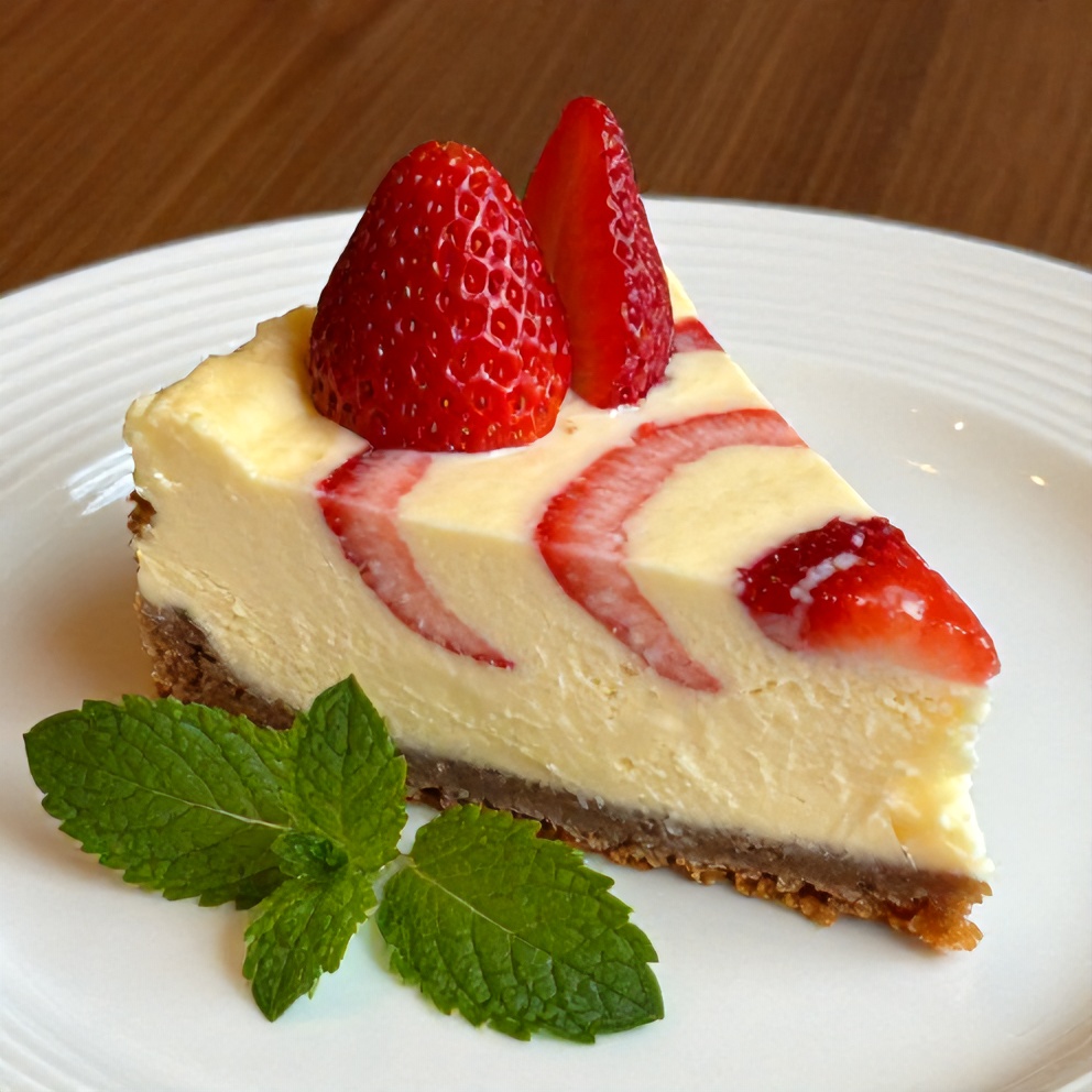 Sliced creamy strawberry swirl cheesecake on a white plate