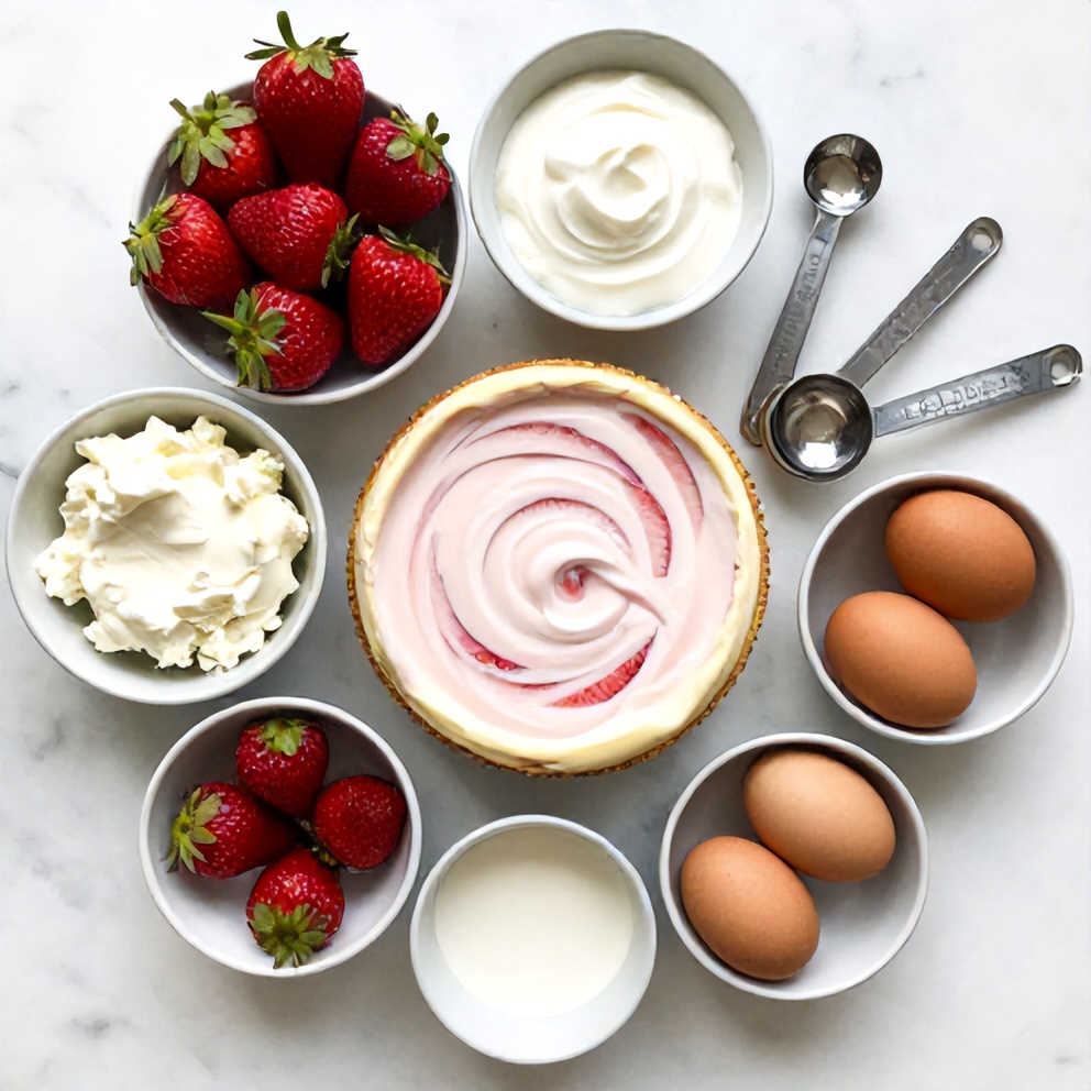 Raw ingredients for creamy strawberry swirl cheesecake on a white marble surface