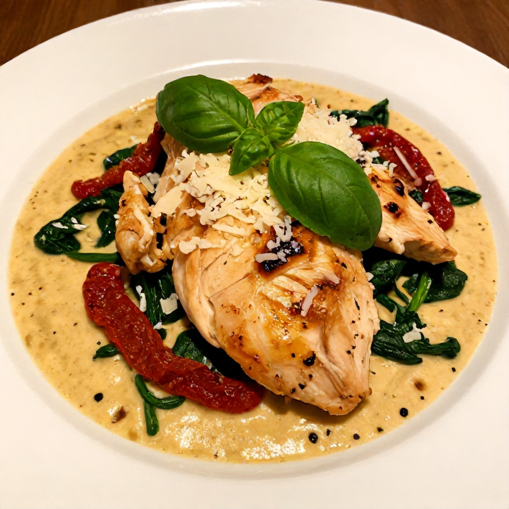 Plated Creamy Sun-Dried Tomato Chicken Skillet with Spinach
