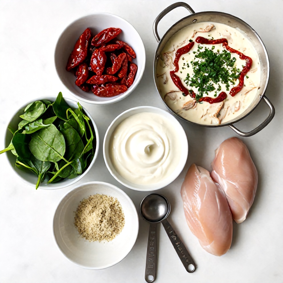 Raw Ingredients for Creamy Sun-Dried Tomato Chicken Skillet with Spinach