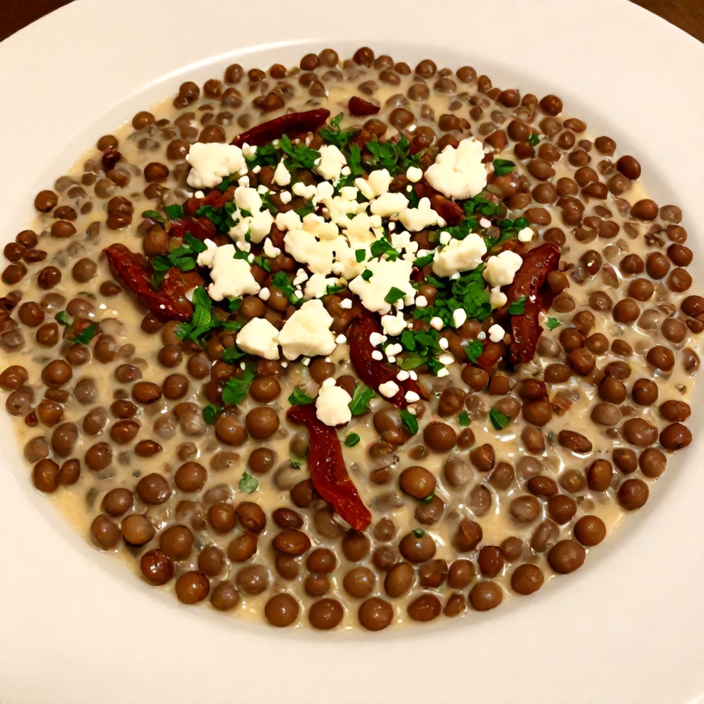 Creamy Sundried Tomato Lentils plated with a side of garlic bread