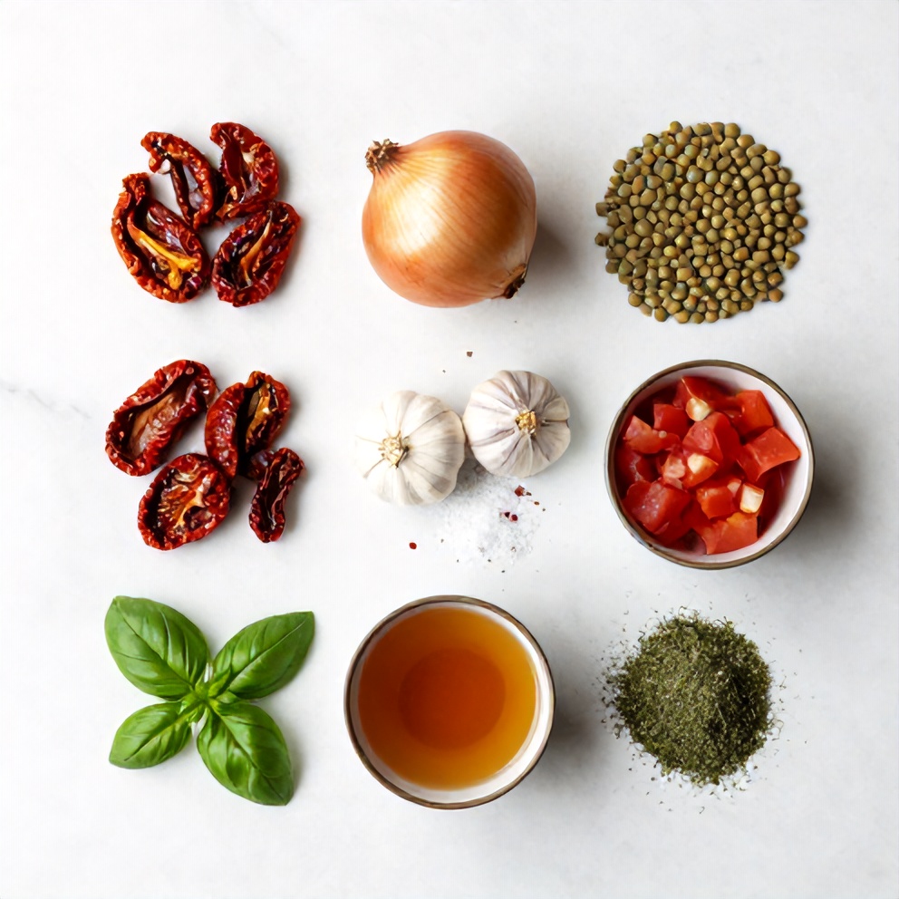 Ingredients for Creamy Sundried Tomato Lentils on a white marble surface