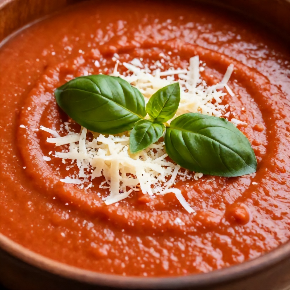 Bowl of Creamy Tomato Soup with a Sprig of Basil