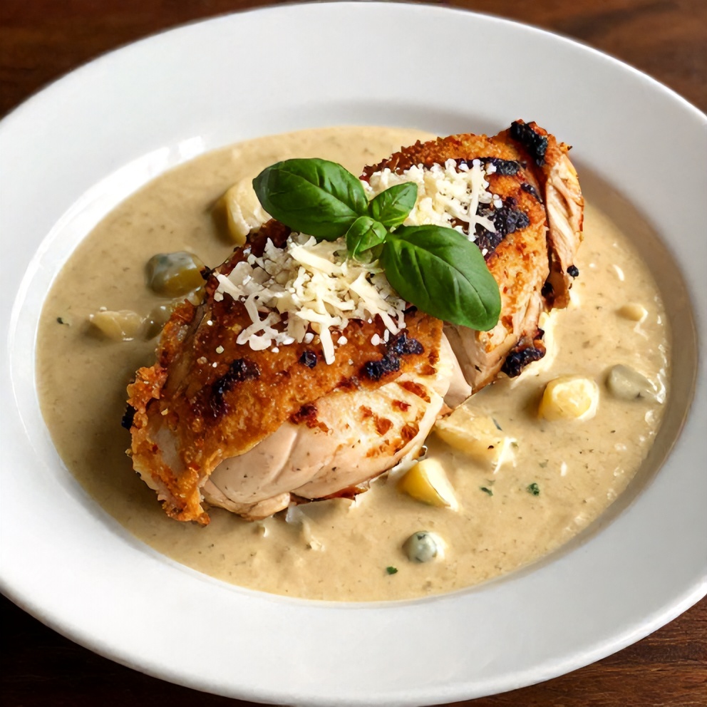 Plated creamy tuscan chicken with fresh basil