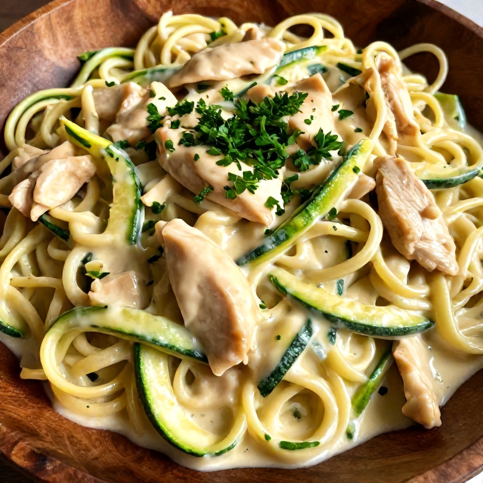 Plated Creamy Zucchini Noodle Chicken Alfredo with parsley garnish
