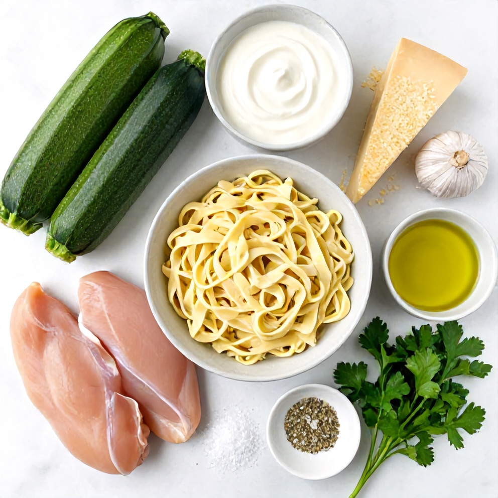 Raw ingredients for Creamy Zucchini Noodle Chicken Alfredo