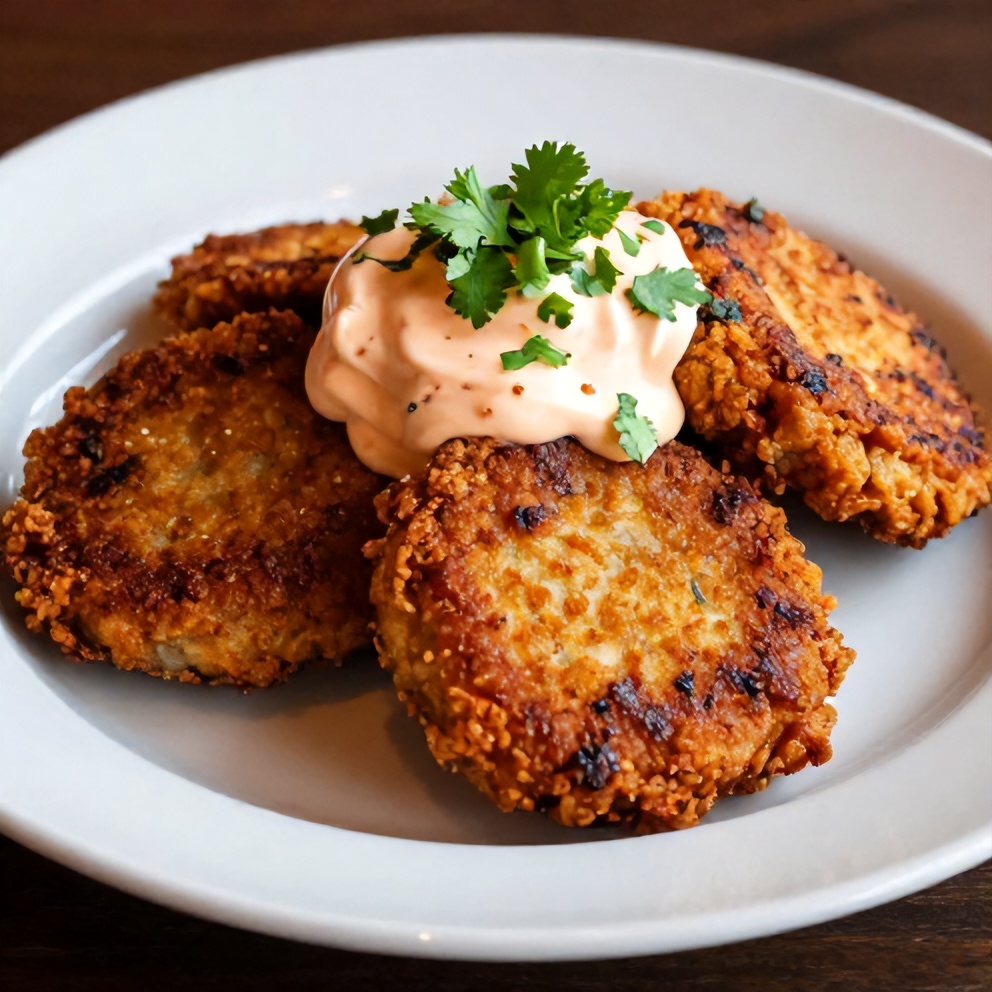 Plated Asian Tuna Cakes with spicy Sriracha aioli