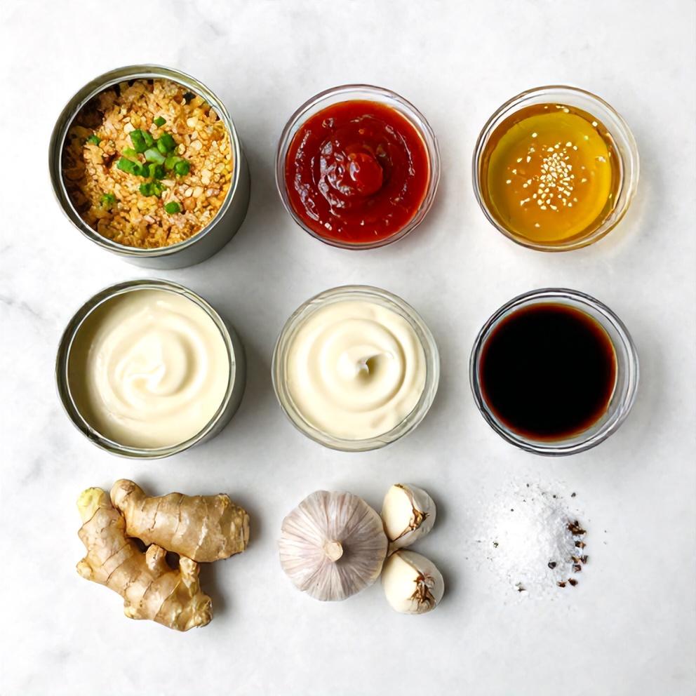 Raw ingredients for Asian Tuna Cakes including canned tuna, breadcrumbs, and spices