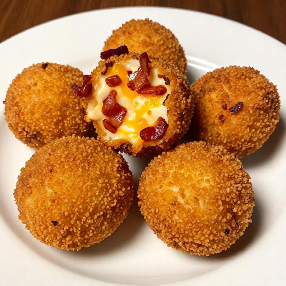Plated serving of Buffalo Chicken Bacon Mozzarella Bombs on a white plate