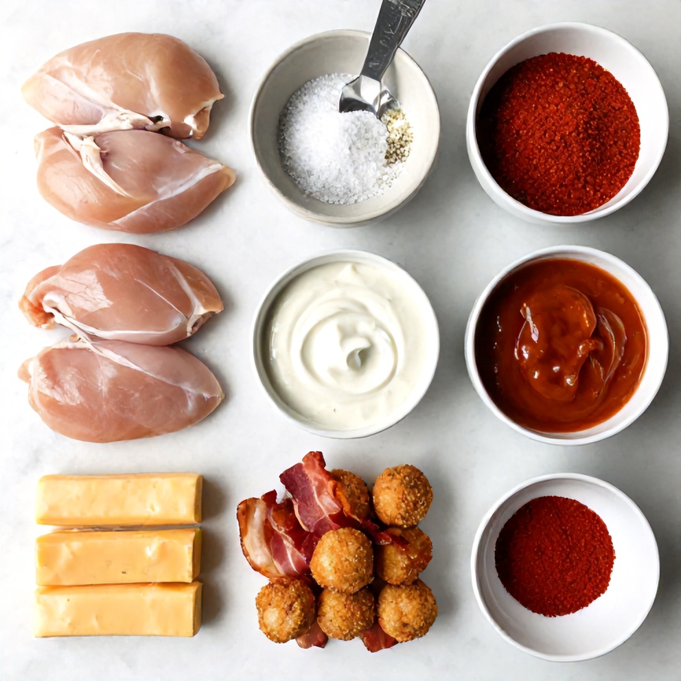 Raw ingredients for Buffalo Chicken Bacon Mozzarella Bombs on a white marble surface