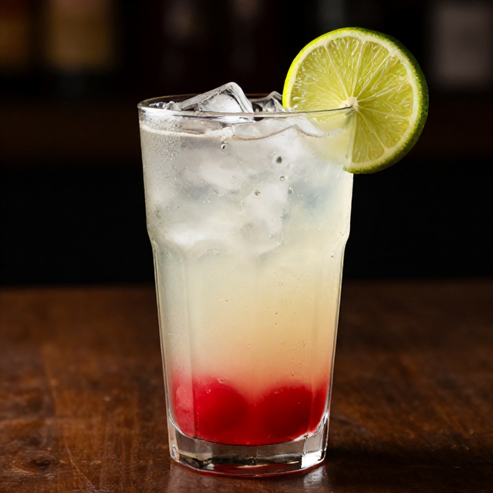 A glass of cherry limeade with a lime wedge garnish