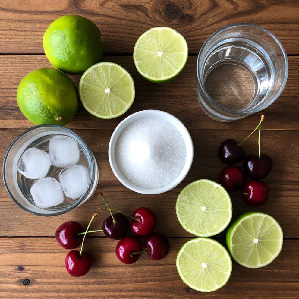Limes, cherries, sugar, water, and ice on a wooden surface