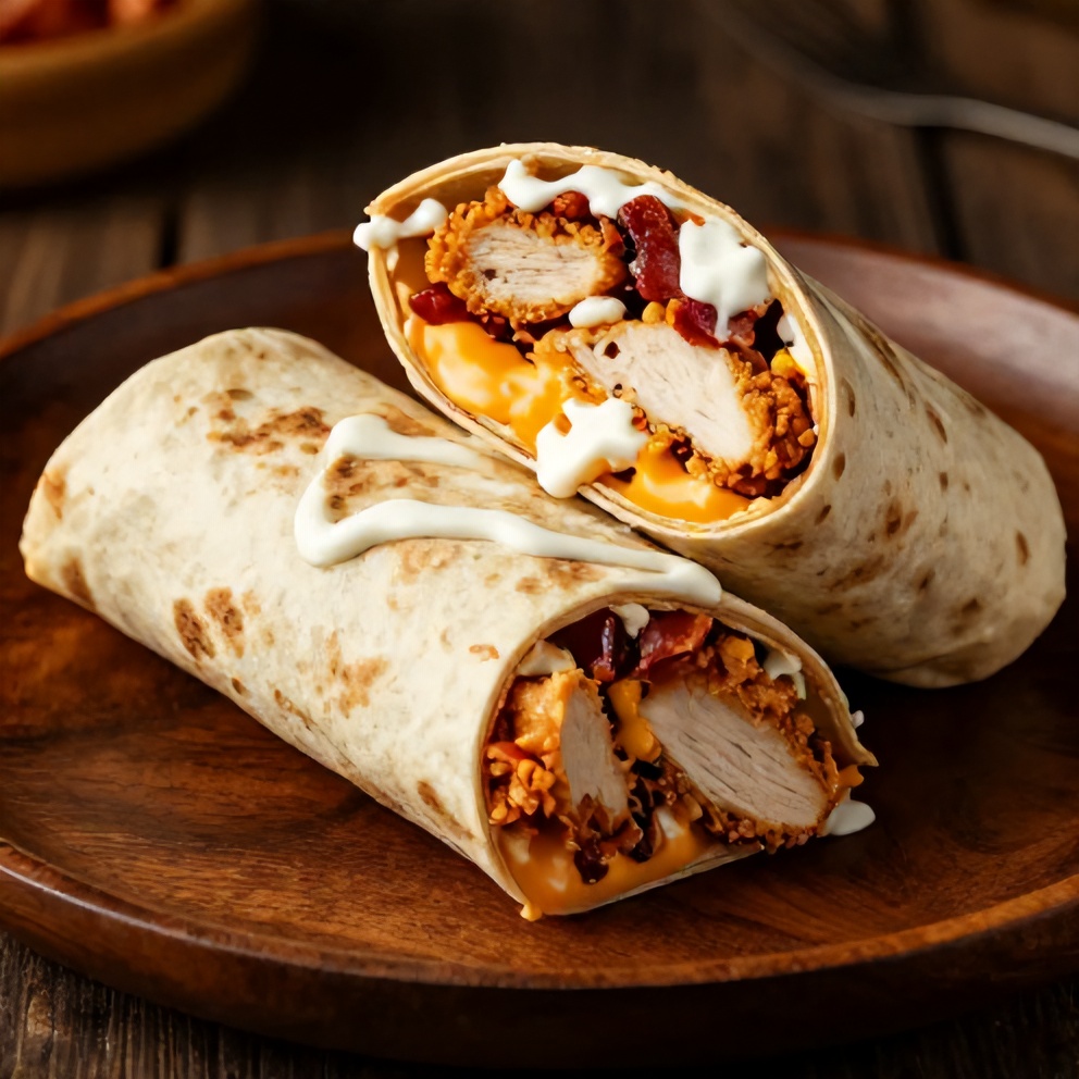 Crispy Chicken Bacon Ranch Wrap plated with ranch drizzle
