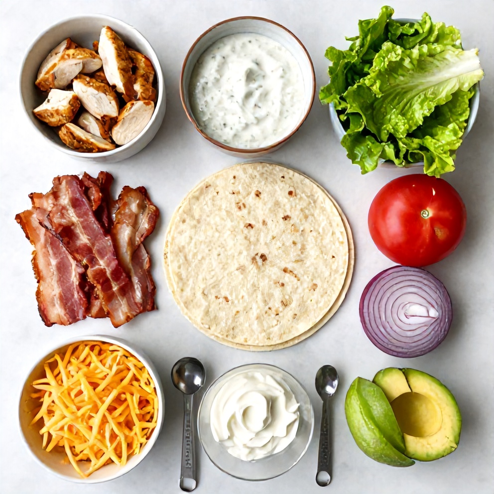 Raw ingredients for Crispy Chicken Bacon Ranch Wrap