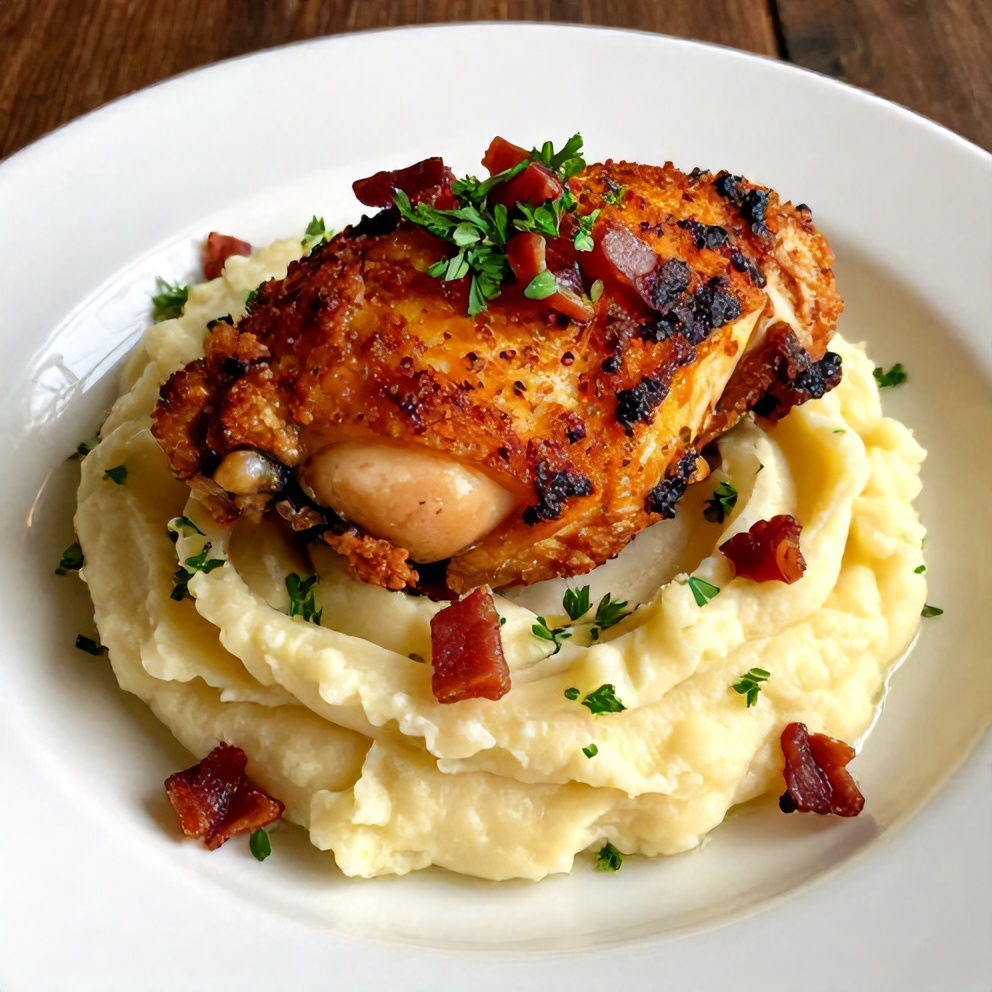 Plated Crispy Chipotle Honey Chicken Thighs with Gouda Mashed Potatoes