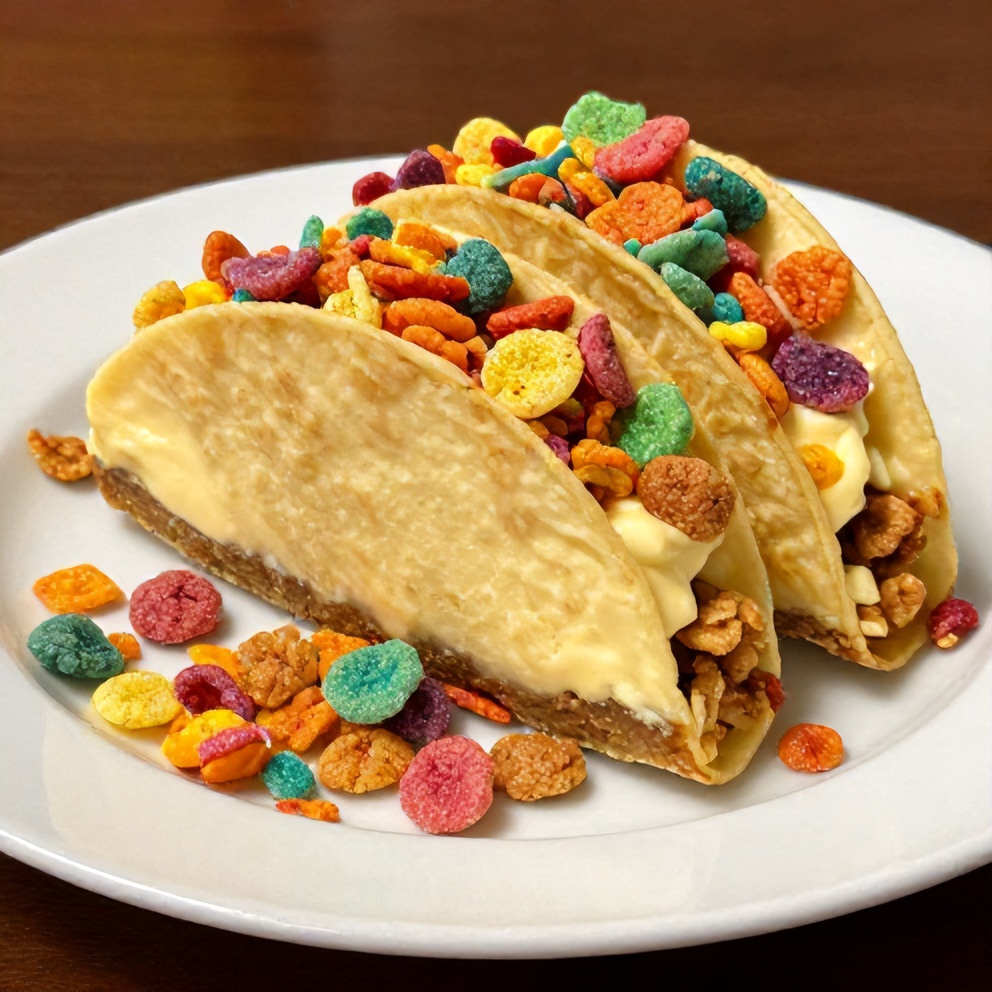 One perfect plated serving of Fruity Pebbles Cheesecake Tacos on a white plate, garnished with a sprinkle of Fruity Pebbles cereal, close crop, warm side lighting showing crispy cereal and creamy cheesecake, photorealistic food photography