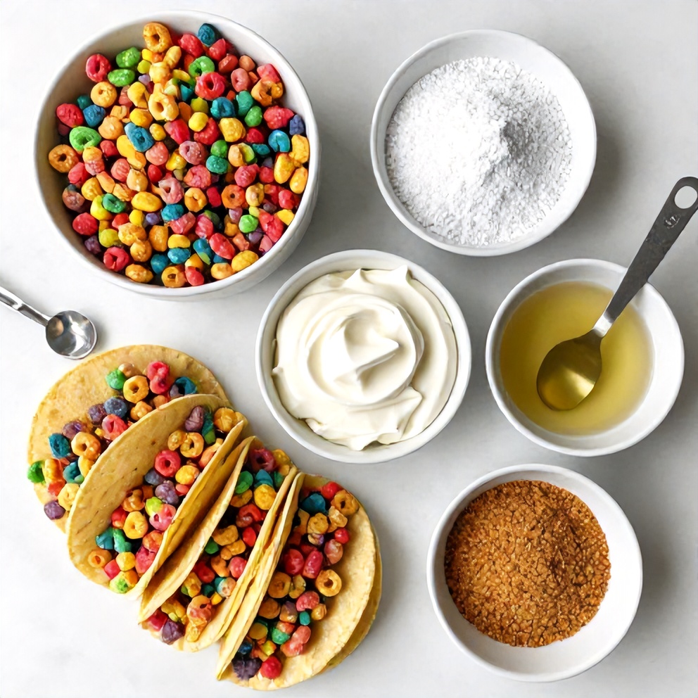 Overhead flat lay of raw ingredients for Fruity Pebbles Cheesecake Tacos, including Fruity Pebbles cereal, cream cheese, powdered sugar, vanilla extract, and graham cracker crumbs, small prep bowls and measuring spoons visible, white marble surface, bright even light, photorealistic overhead food photography