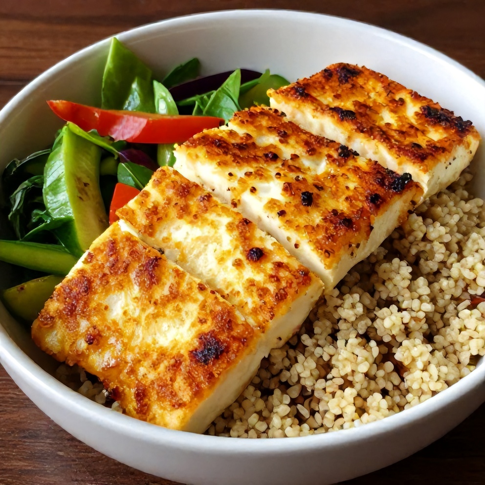 crispy halloumi greek power bowl