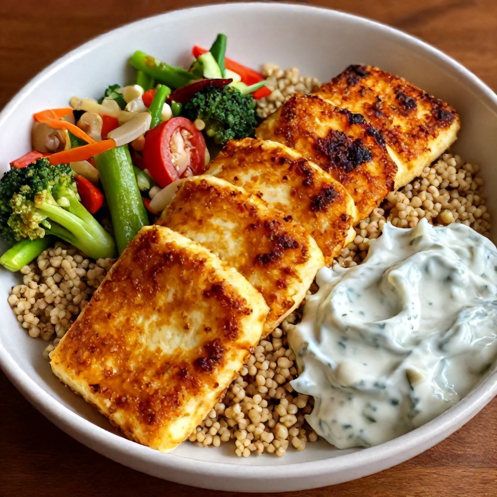 Plated Crispy Halloumi Greek Power Bowl