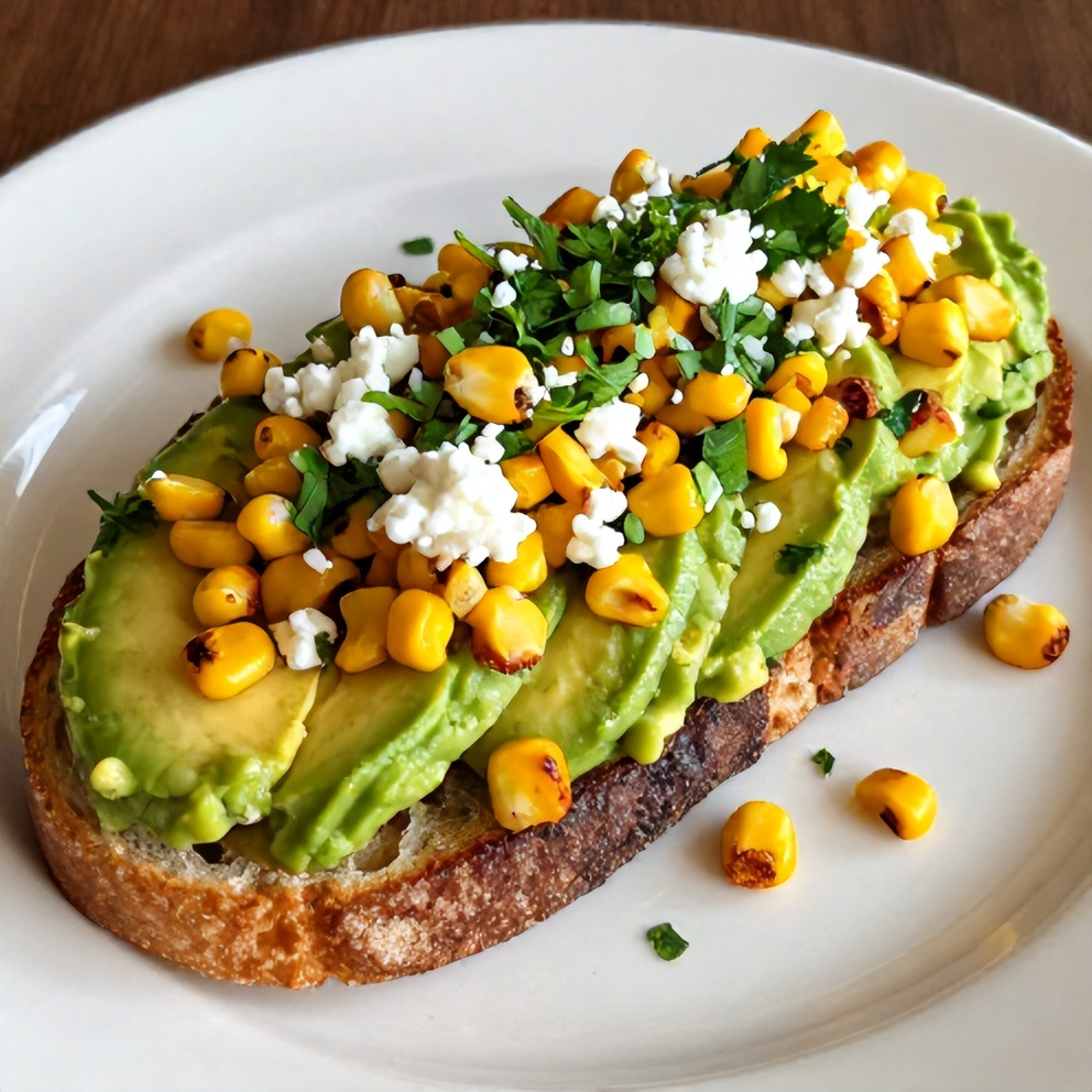 Plated Mexican street corn avocado toast on a white plate