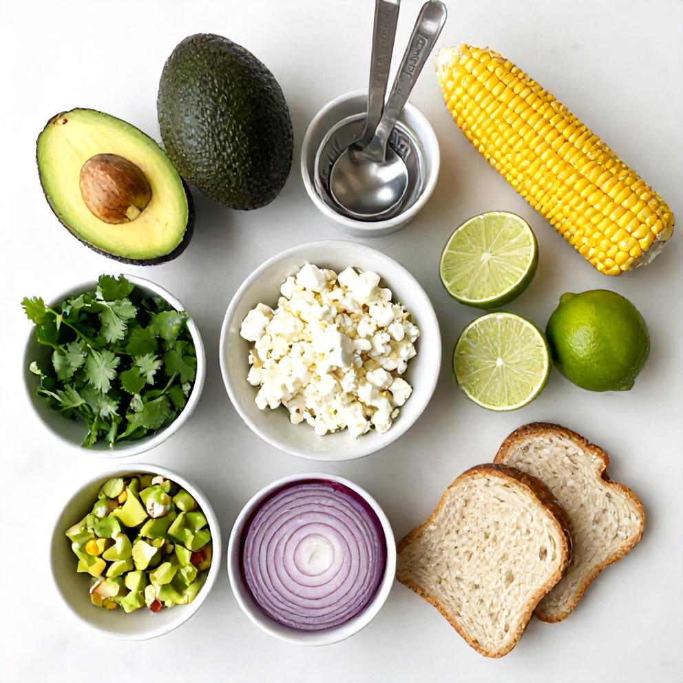 Raw ingredients for Mexican street corn avocado toast on a marble surface