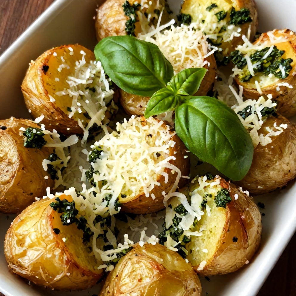 crispy parmesan pesto roasted potatoes