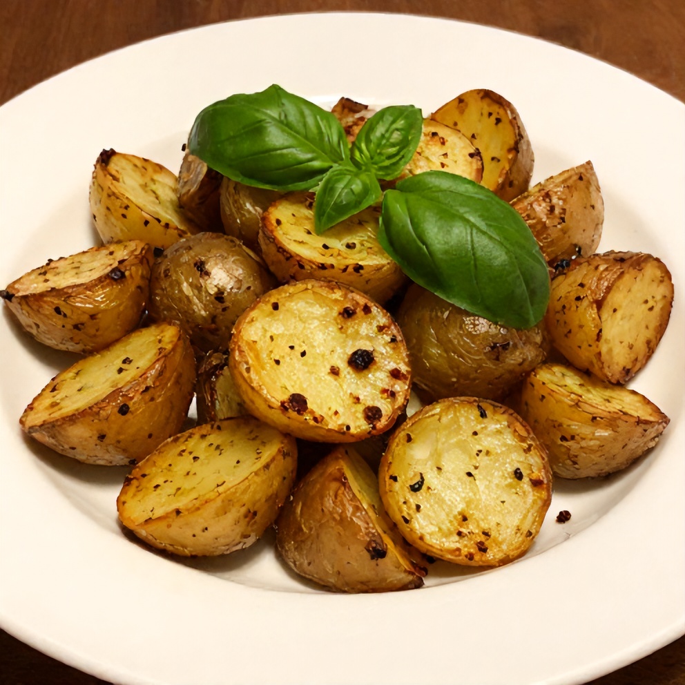 One perfect plated serving of Crispy Parmesan Pesto Roasted Potatoes on a white plate, garnished with fresh basil leaves