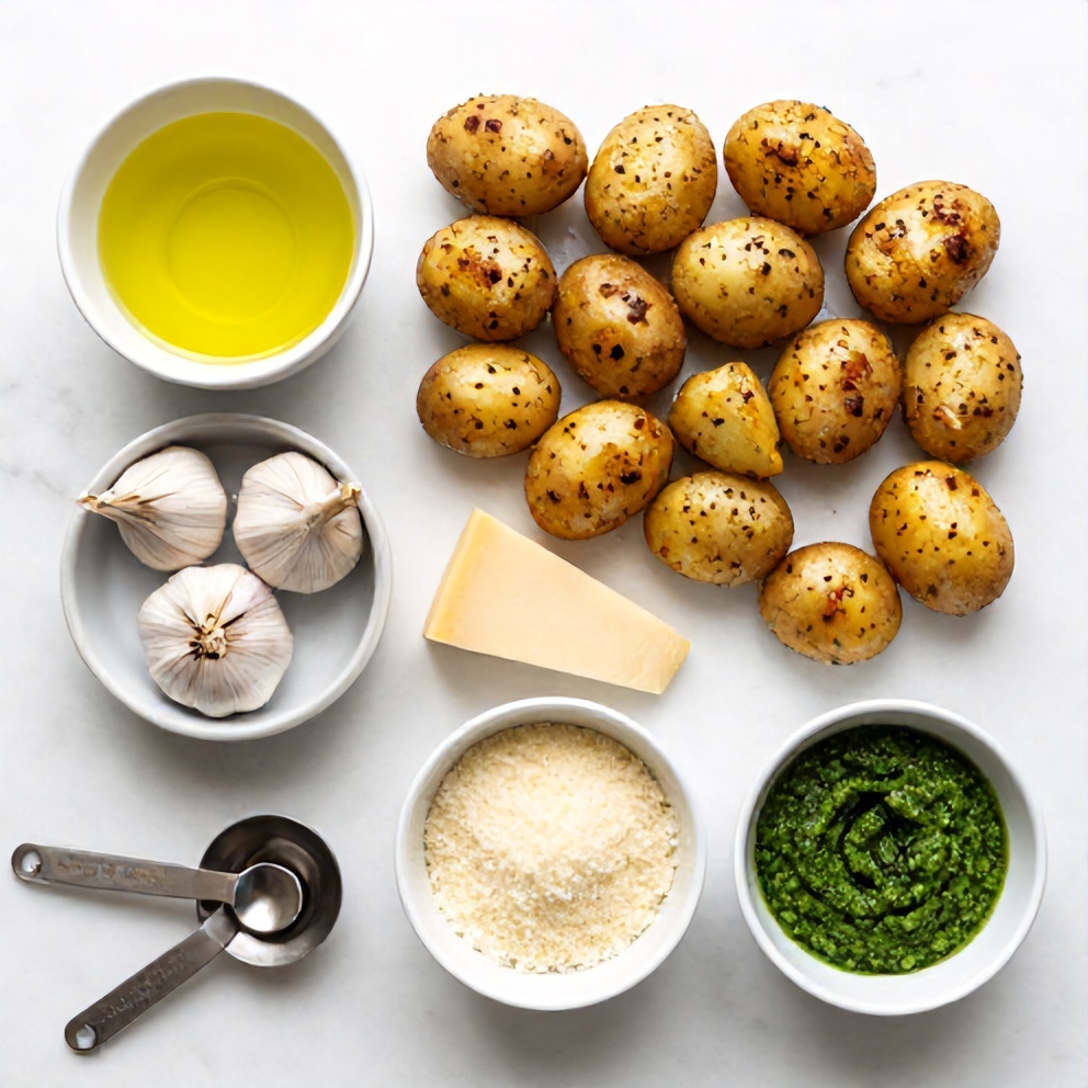 Raw ingredients for Crispy Parmesan Pesto Roasted Potatoes arranged in an overhead flat lay, including potatoes, olive oil, garlic, parmesan cheese, and pesto