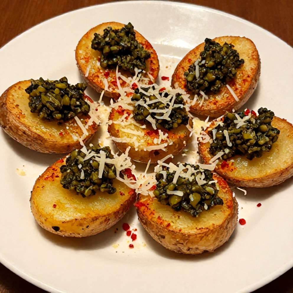 Plated crispy smashed potatoes with olive tapenade
