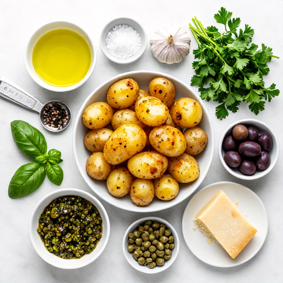 Raw ingredients for crispy smashed potatoes with olive tapenade