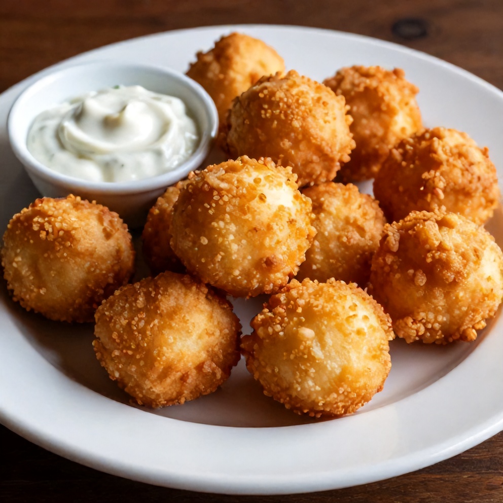 Plated Crispy Southern Hushpuppies with tartar sauce