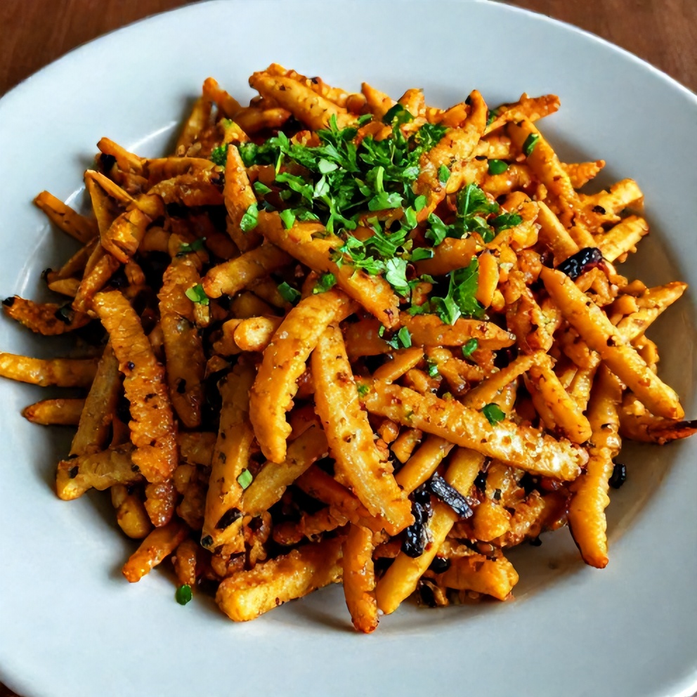 Plated serving of Crispy Sweet and Spicy Pickle Slaw on a light blue plate