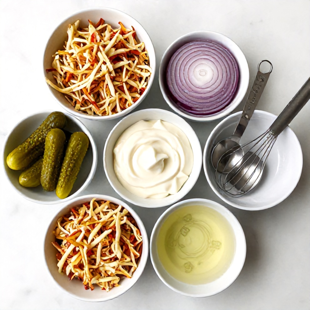 Raw ingredients for Crispy Sweet and Spicy Pickle Slaw on a white marble surface