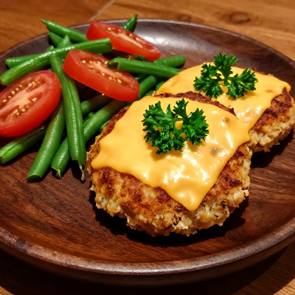 Plated tuna patties with melted cheese, served with a side of fresh green bean and tomato salad