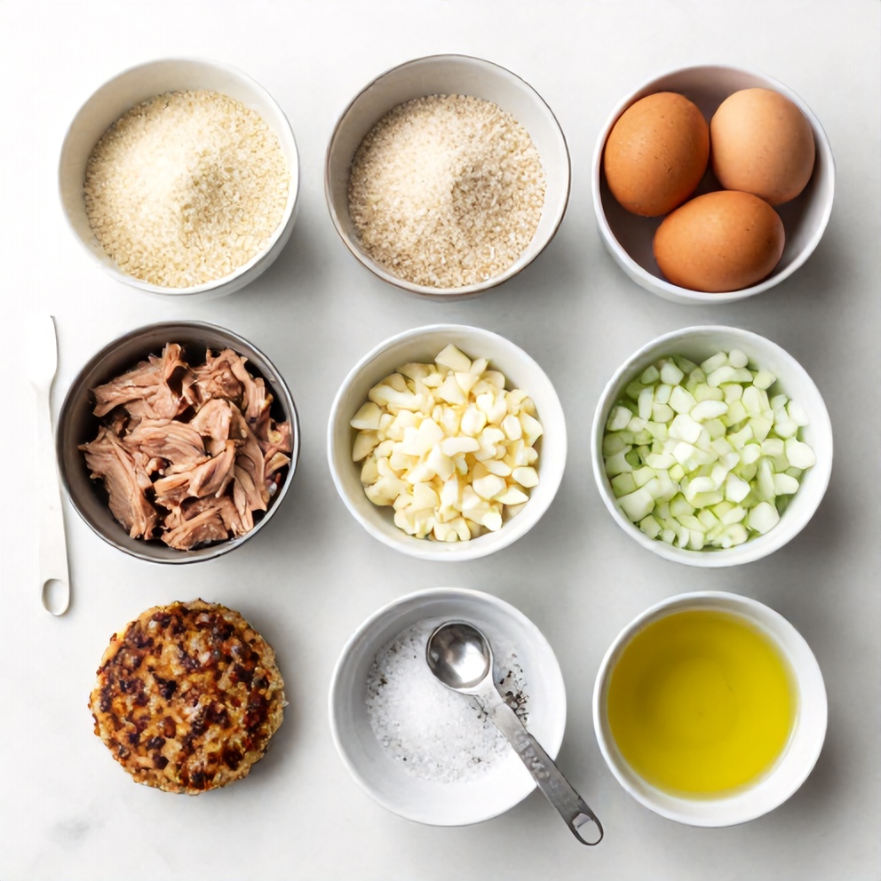 Raw ingredients for tuna patties: canned tuna, breadcrumbs, egg, onion, garlic, salt, pepper, olive oil