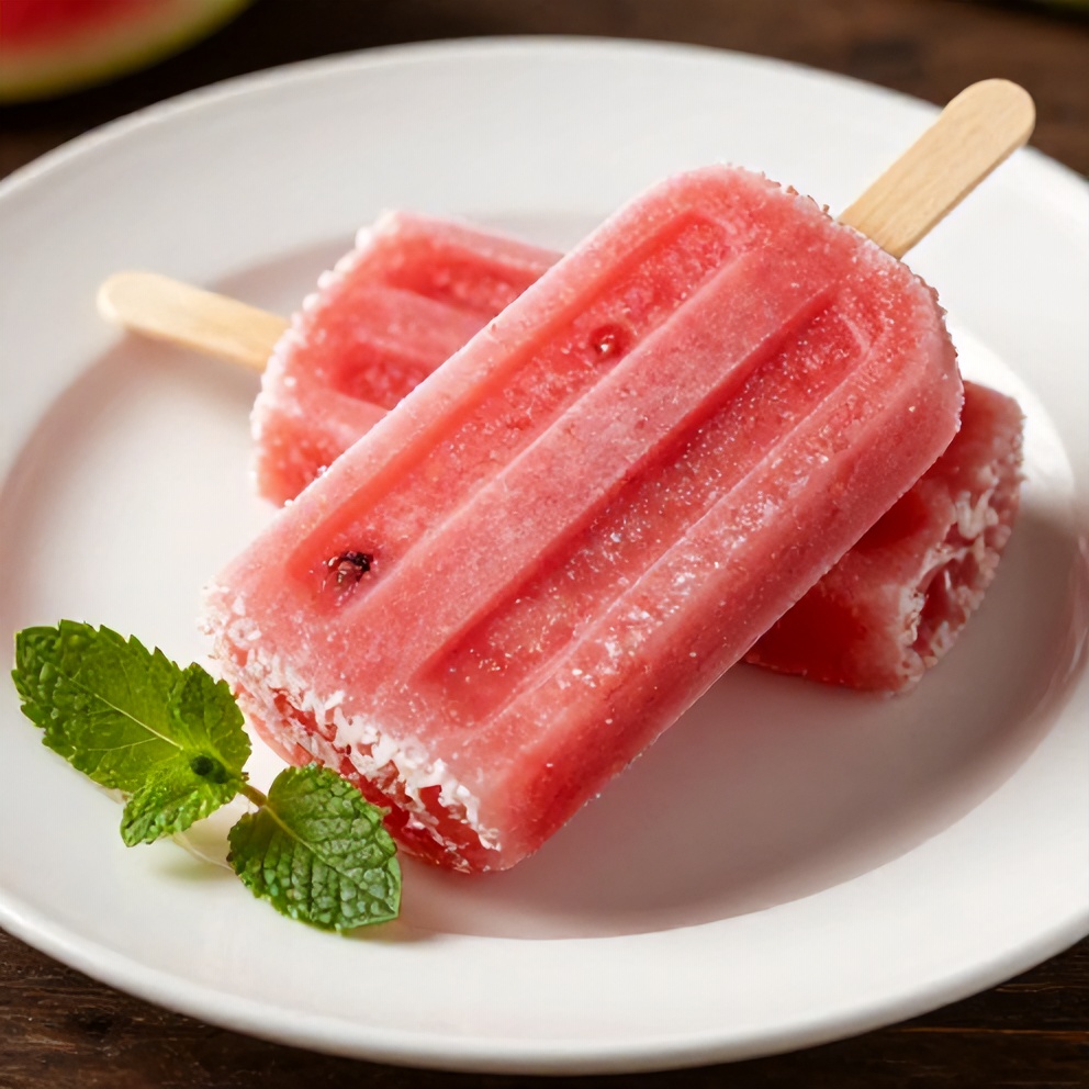 Crispy Watermelon Coconut Popsicles on a white plate