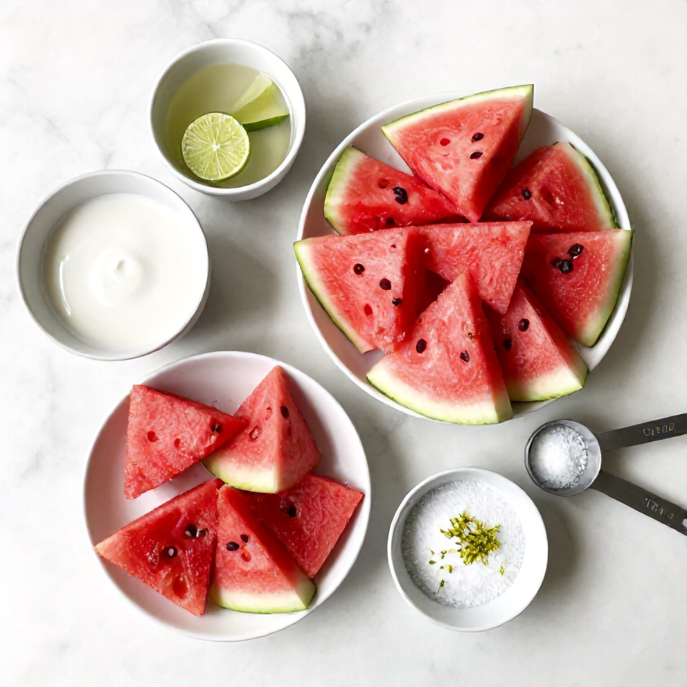 Watermelon, coconut milk, lime, and sugar arranged on a marble surface