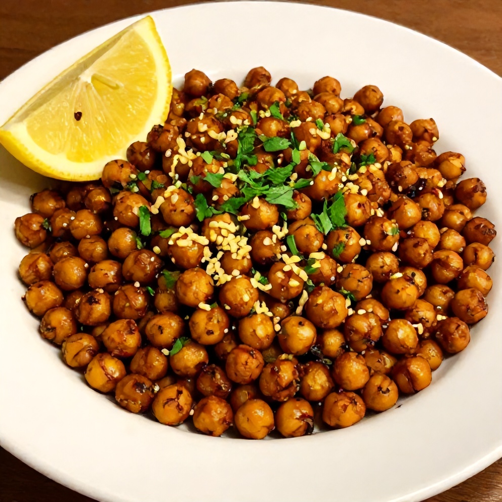 One perfect serving of Crispy Za’atar Roasted Chickpeas with Lemon Zest plated on a white dish, garnished with fresh parsley and a lemon wedge.