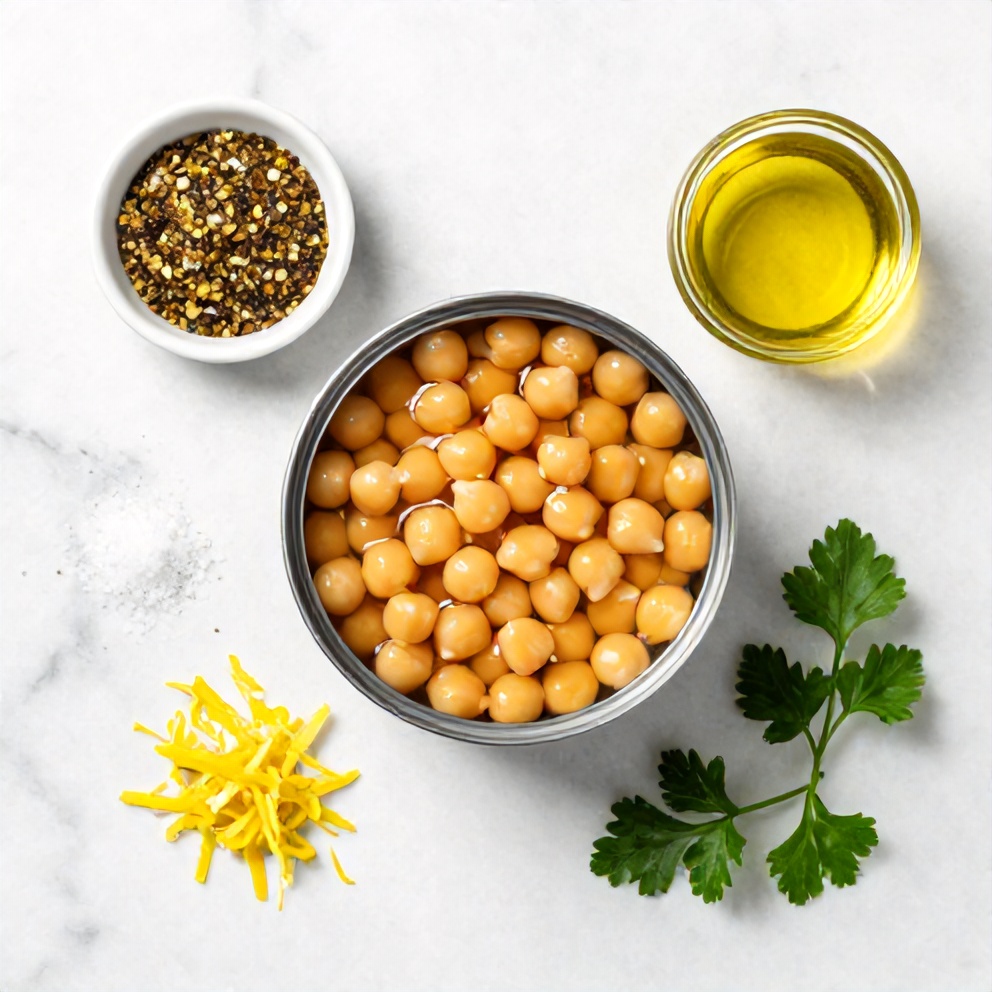 Overhead flat lay of canned chickpeas, za'atar seasoning, olive oil, salt, lemon zest, and fresh parsley on a white marble surface.