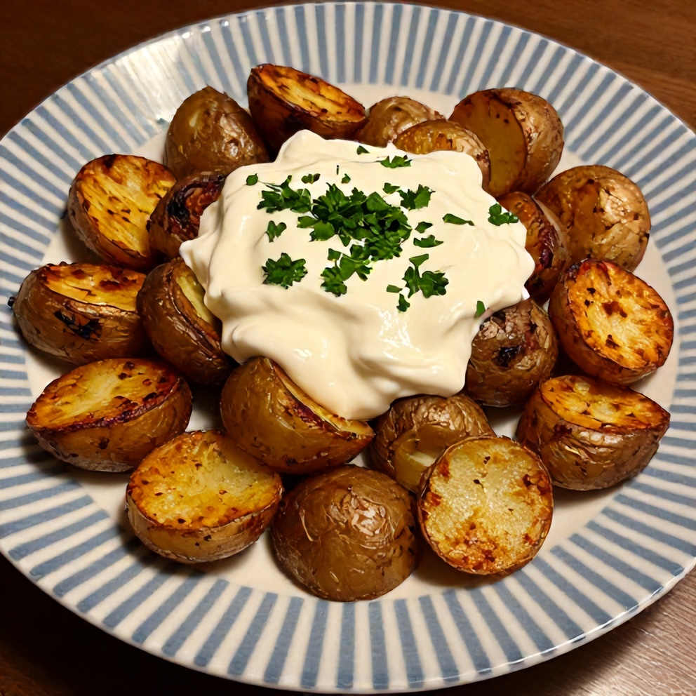 Crispy Za’atar Smashed Potatoes with Creamy Tahini Yogurt plated