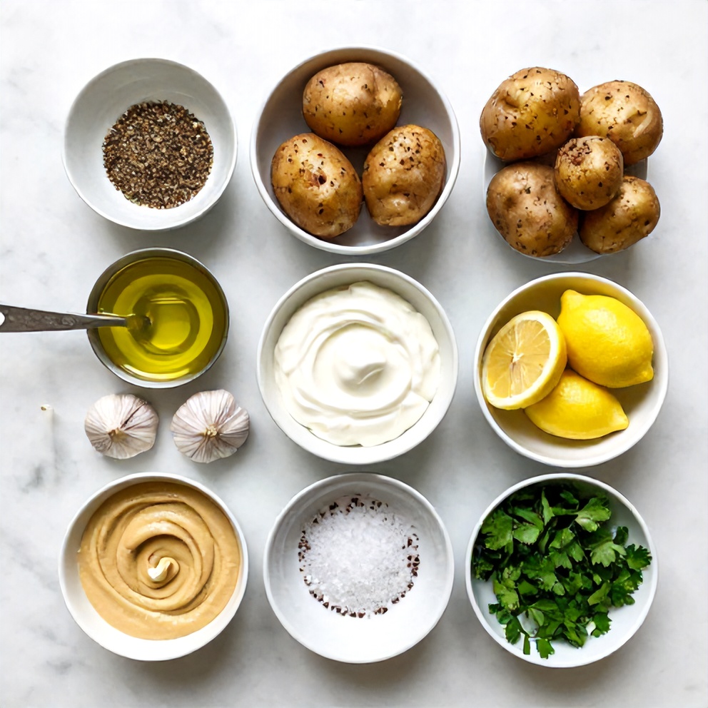 Raw ingredients for Crispy Za’atar Smashed Potatoes with Creamy Tahini Yogurt