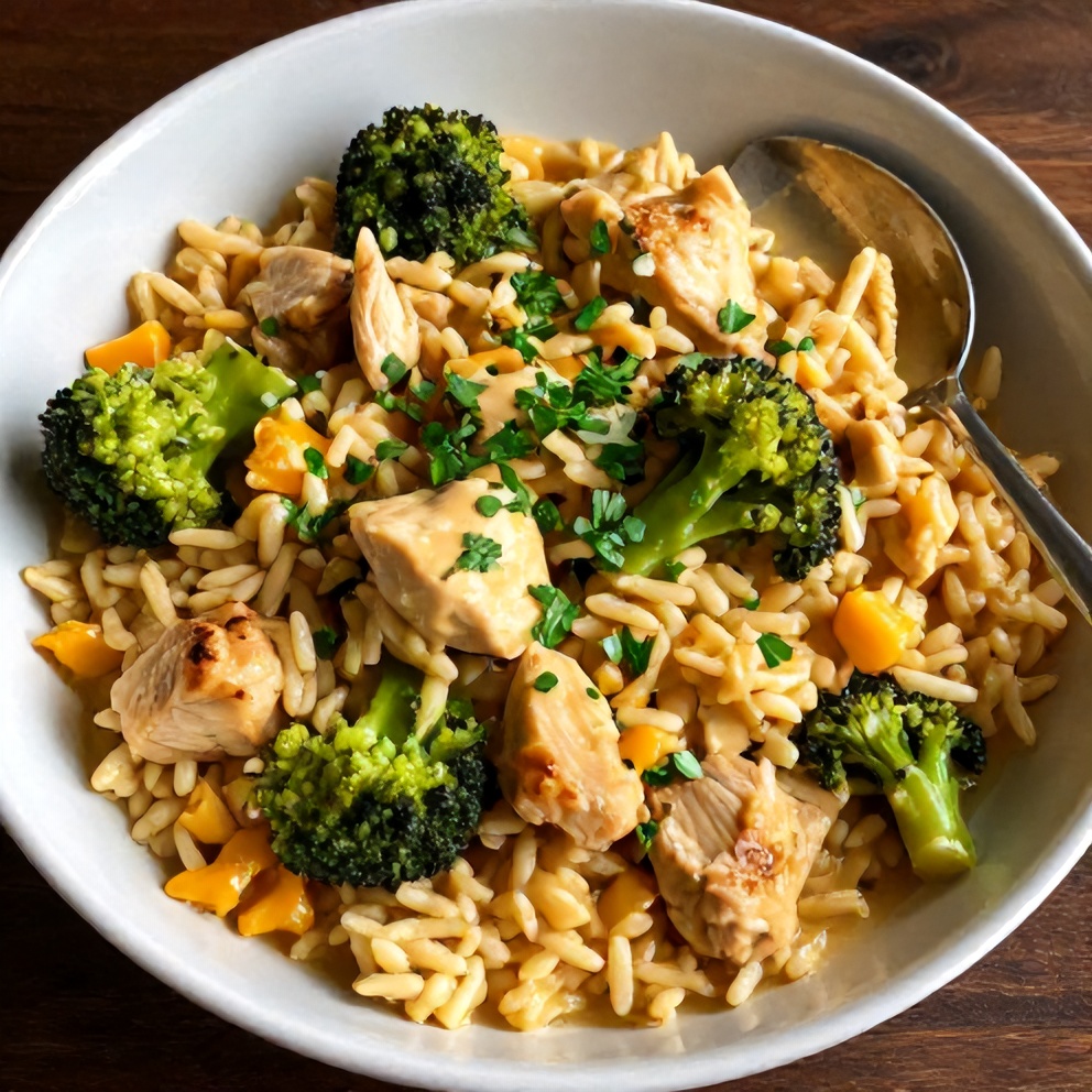 Plated Crockpot Broccoli Cheddar Chicken and Rice Dinner