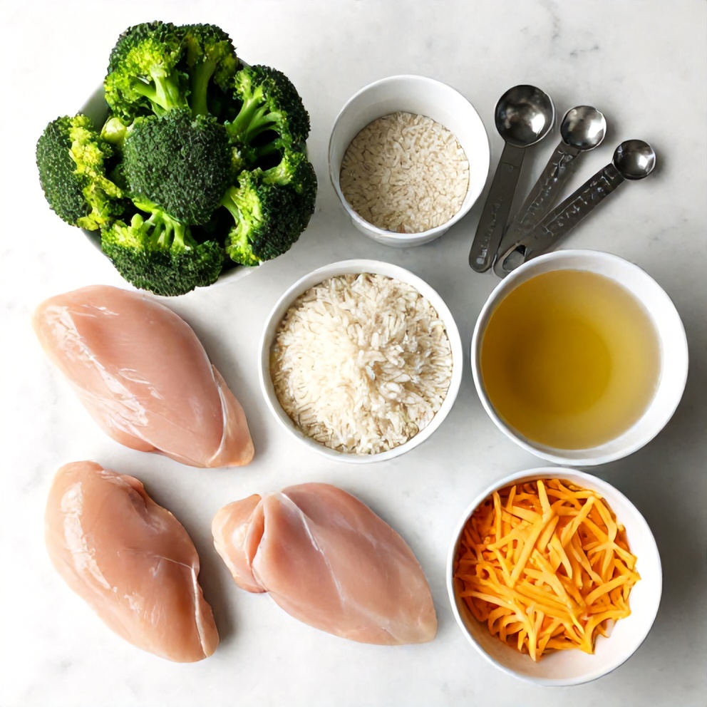 Raw Ingredients for Crockpot Broccoli Cheddar Chicken and Rice Dinner