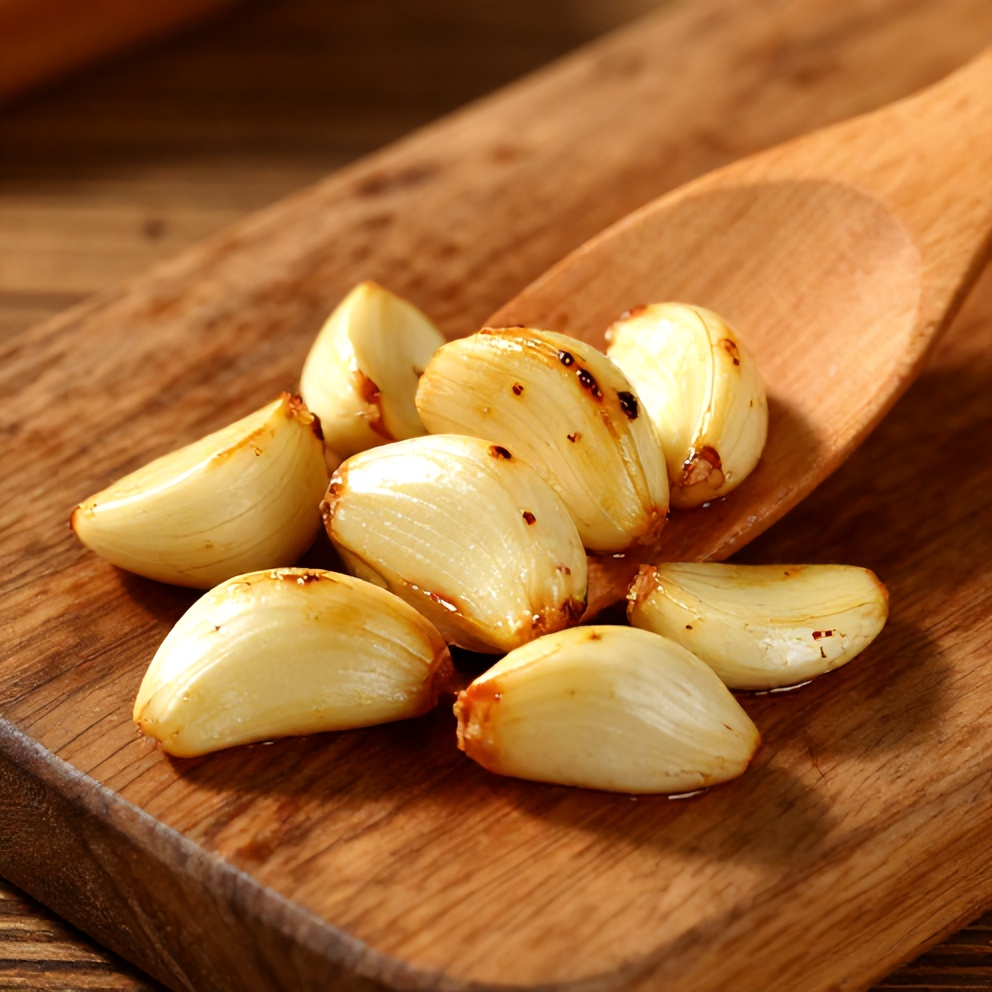Roasted garlic cloves on a rustic wooden board with a spreader