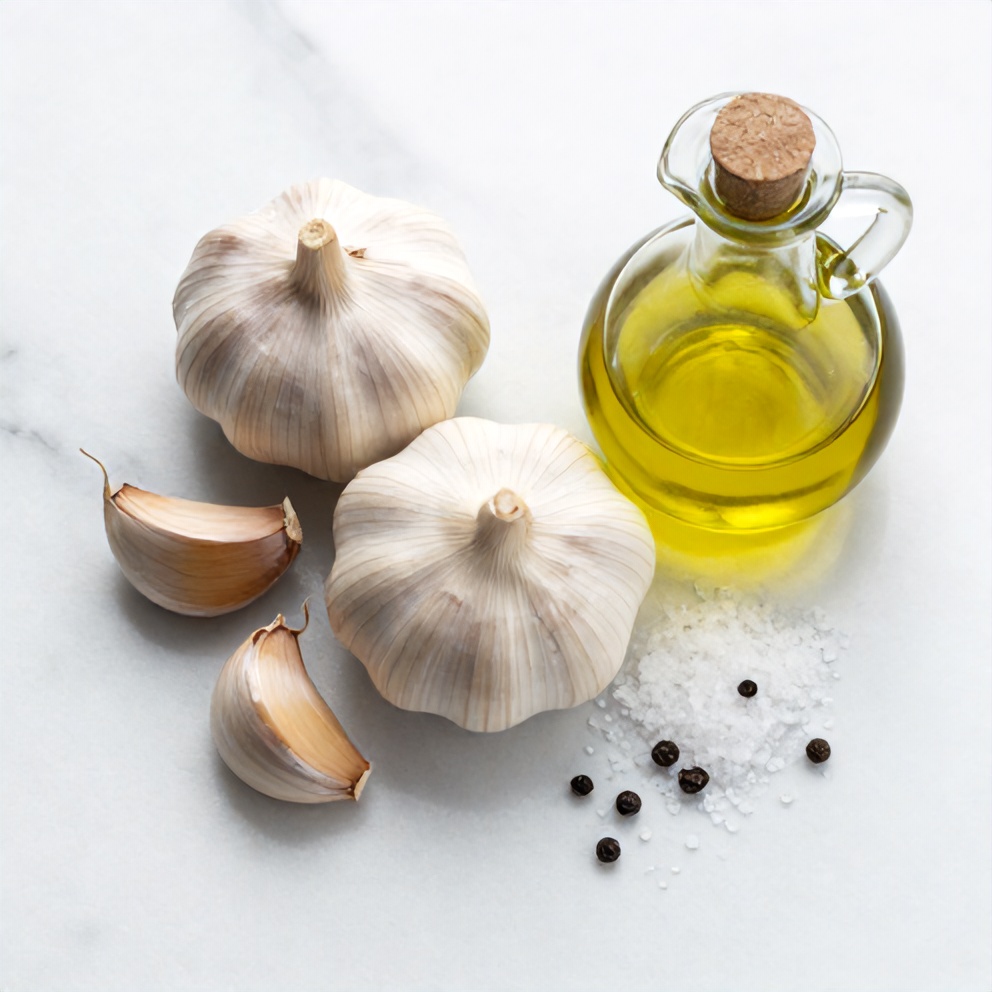 Raw garlic bulbs, olive oil, salt, and pepper arranged on a white marble surface