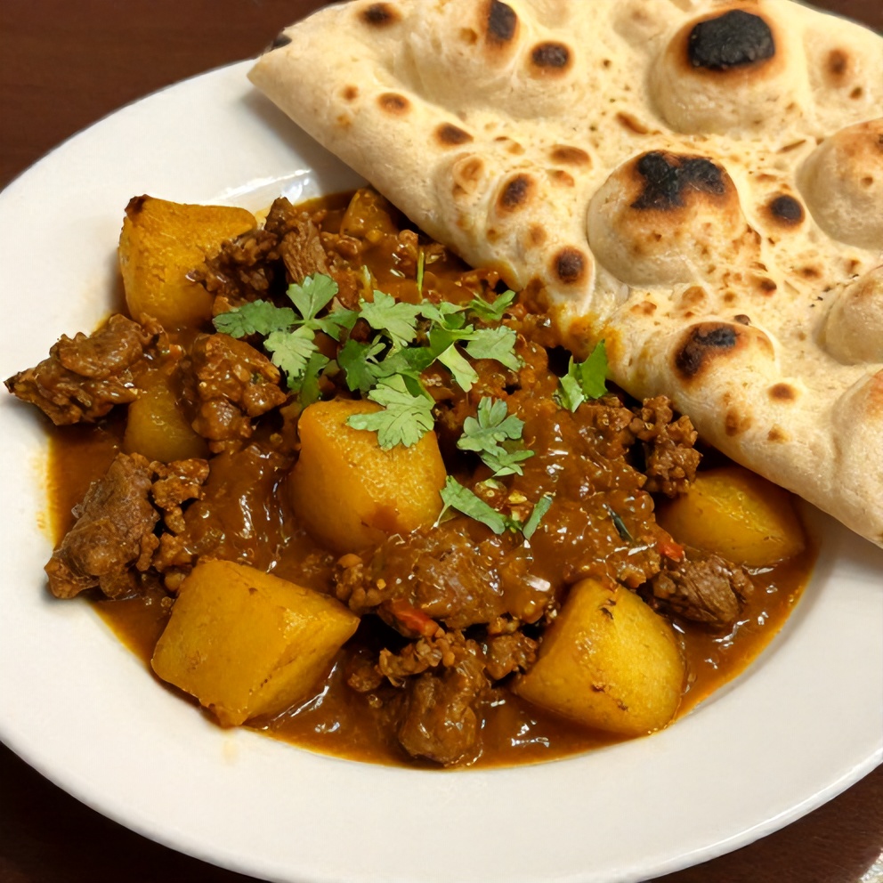 Plated Aloo Keema with fresh cilantro and a side of naan