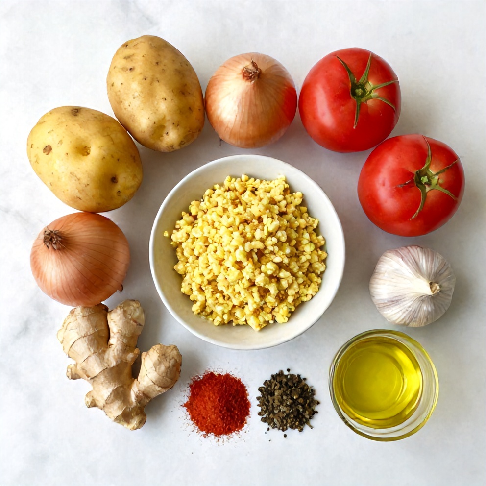 Raw ingredients for Aloo Keema: potatoes, ground meat, onions, tomatoes, spices