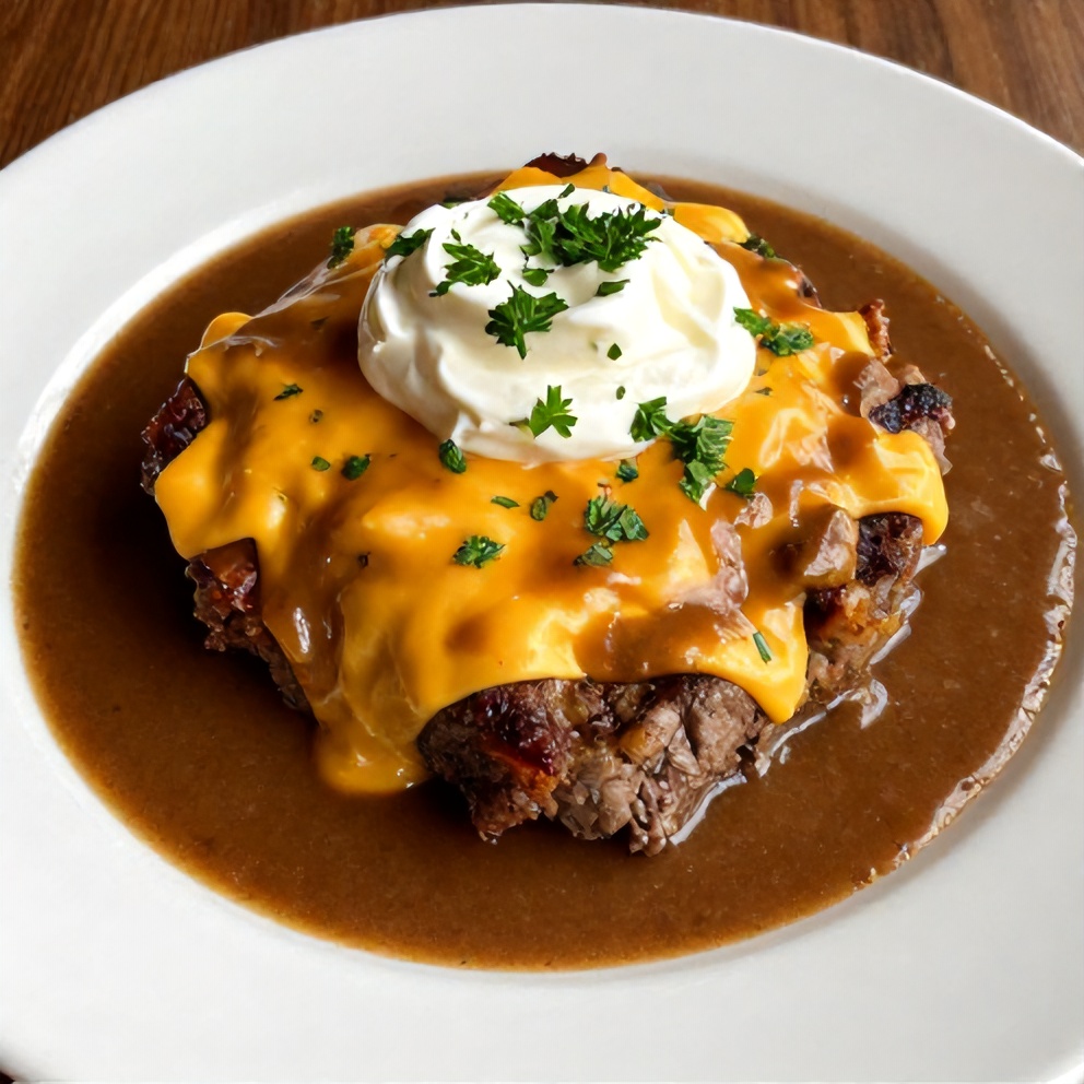 Plated Amish Hamburger Steak Bake with Cheddar Cheese