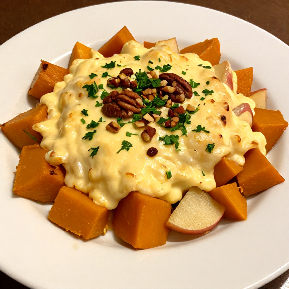 Apple Butternut Squash Casserole served in a ceramic dish